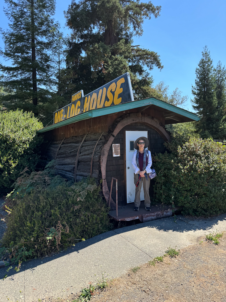 A woman standing in front the door to "One Log House"